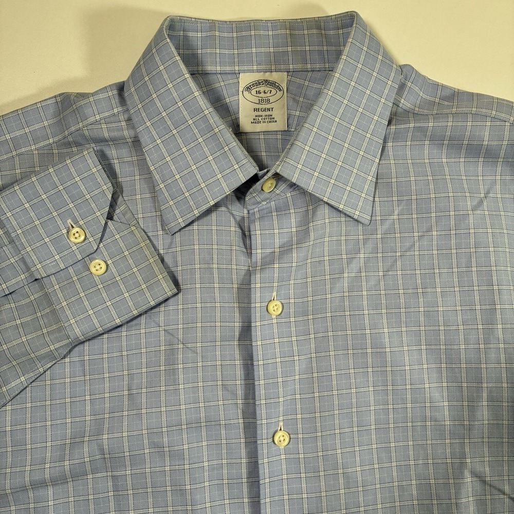 Brooks Brothers Shirt 16 6/7 Blue Check Oxford Button Down Non Iron
